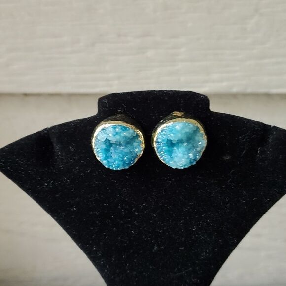 Geode Crystal Stone Stud Earrings Blue - Picture 2 of 7